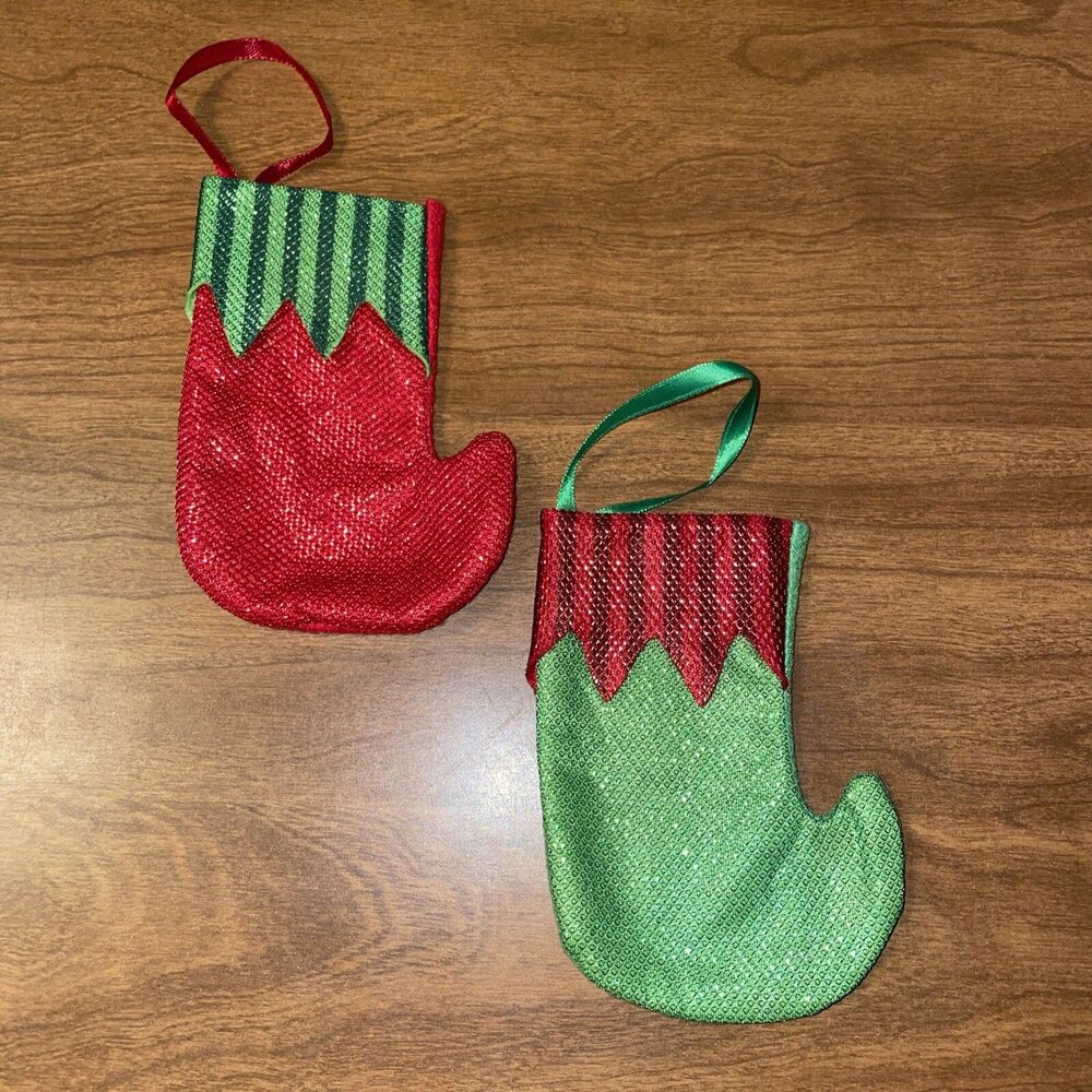 Pair Of Mini Felt And Sparkle Stockings Green & Red Christmas Ornament Ornaments